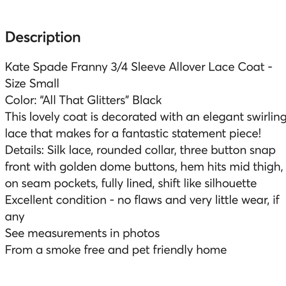 KATE SPADE FRANNY 3/4 SLEEVE ALLOVER LACE COAT SIZE 0 - Picture 11 of 11